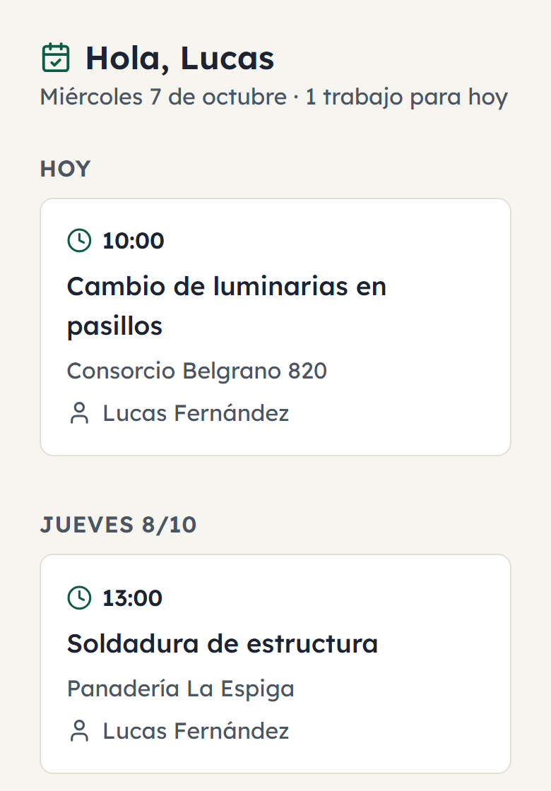 La pantalla Mi día de un técnico en el celular, con sus trabajos de hoy y de mañana