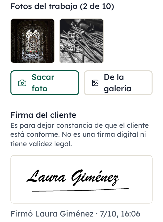 La orden de trabajo en el celular, con dos fotos del trabajo y la firma del cliente