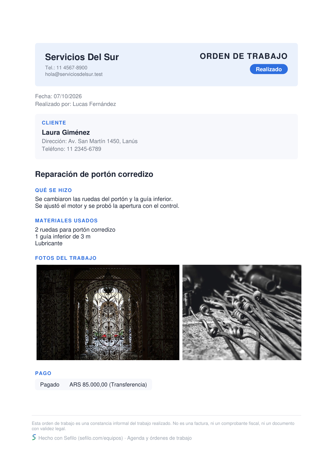 El PDF de la orden de trabajo que recibe el cliente