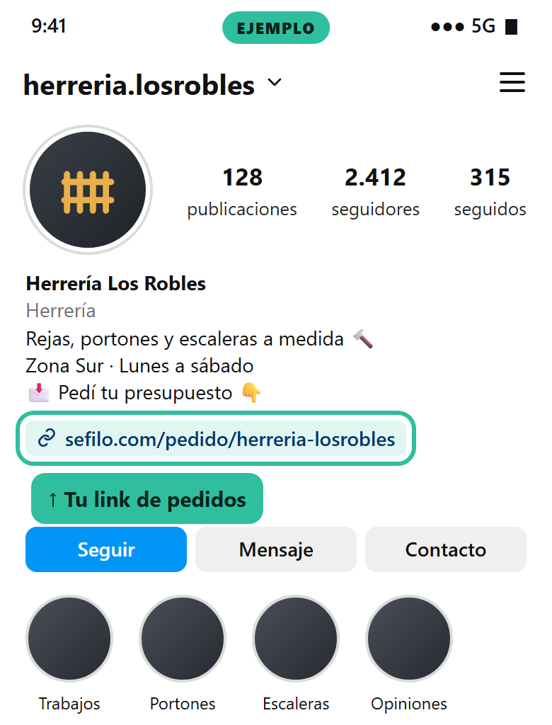 Ejemplo de perfil de Instagram de una herrería, con el link de pedidos de presupuesto resaltado