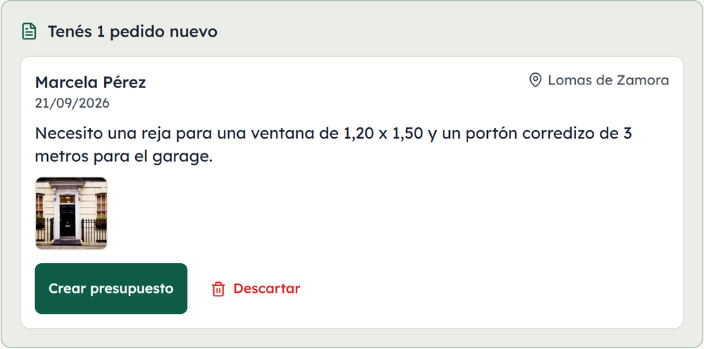 El pedido en el panel de Sefilo, con la foto del cliente y el botón para crear el presupuesto